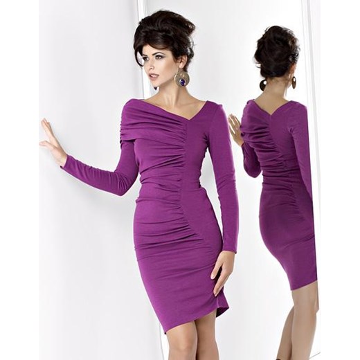 Elegancka sukienka Kartes z marszczeniami i drapowaniami, fioletowa   5772 