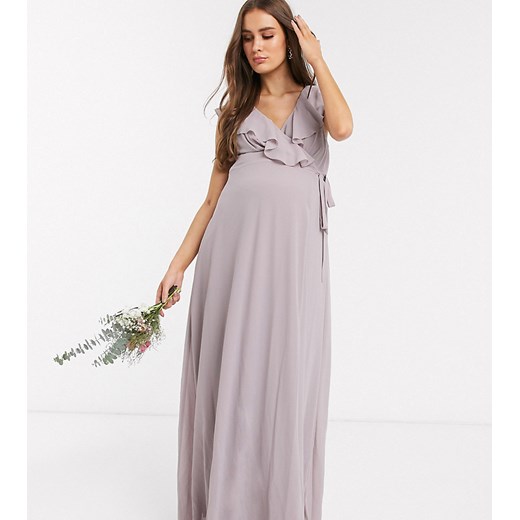 TFNC Maternity bridesmaid — Szara sukienka maxi z rozcięciem na udzie i falbanką-Szary  Tfnc Maternity 40 Asos Poland