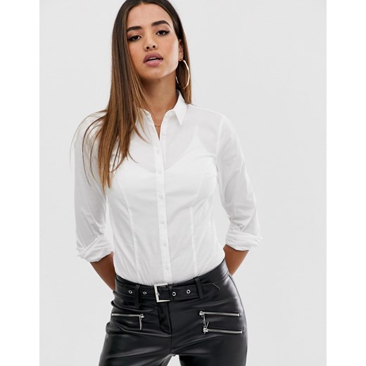 ASOS DESIGN – Białe koszulowe body z długim rękawem z elastycznej bawełny-Biały
