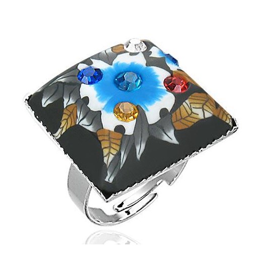 Pierścionek z kwiatami i cyrkoniami  kwadrat- biżuteria antyalergiczna c-86 -2 