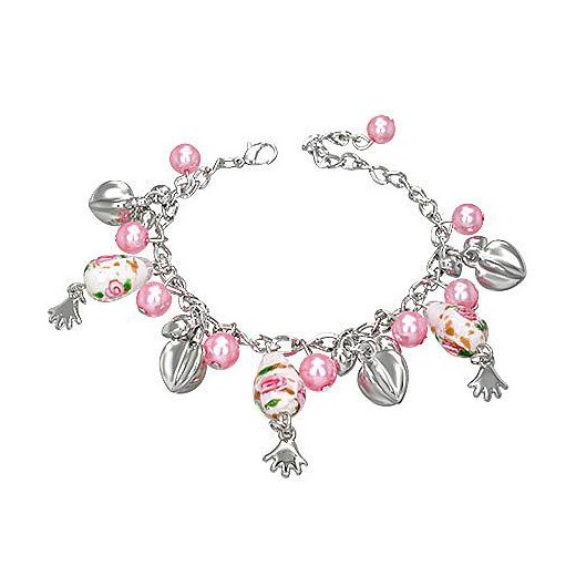 Bransoletka ze szklanymi koralikami , perełkami i serduszkiem- biżuteria antyalergiczna c 54  -1