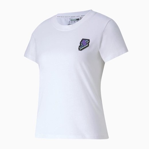 Bluzka damska Puma z aplikacjami  biała z okrągłym dekoltem w sportowym stylu 