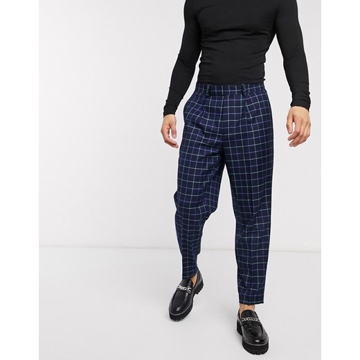 ASOS DESIGN – Granatowe eleganckie spodnie oversize w kratę-Granatowy