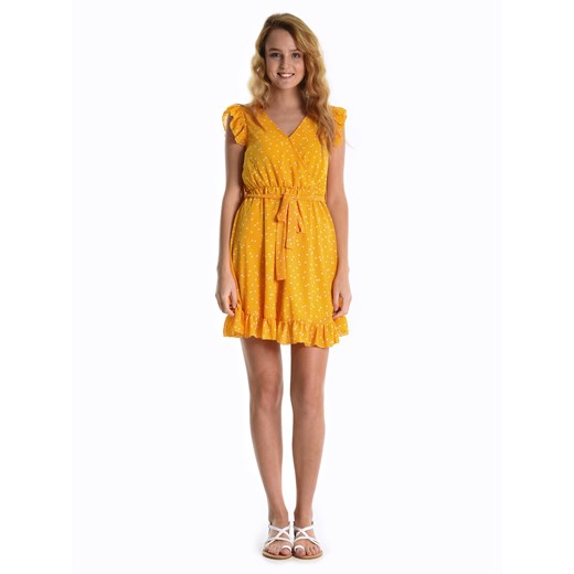 Sukienka żółta Gate mini casualowa wiosenna z dekoltem v 