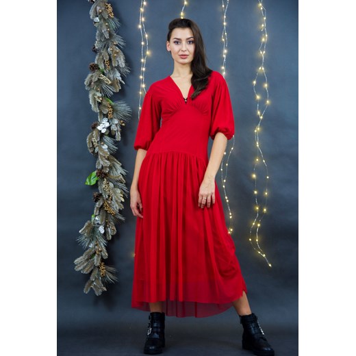 Sukienka Byinsomnia w serek rozkloszowana maxi czerwona z długim rękawem karnawałowa gładka 