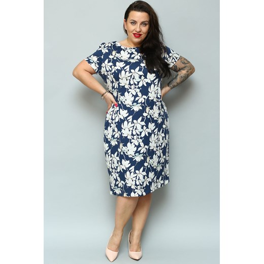 Sukienka ołówkowa PATI granatowa w białe liście   plus size karko.pl