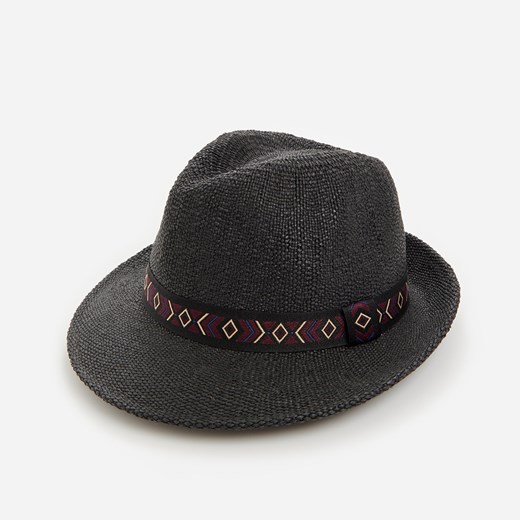 Reserved - Pleciony kapelusz trilby z ozdobną taśmą - Czarny  Reserved M 