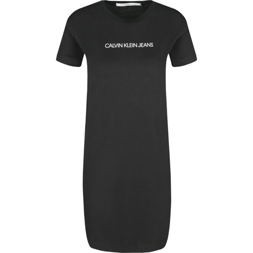 Sukienka czarna Calvin Klein na co dzień prosta z okrągłym dekoltem z napisami z krótkim rękawem