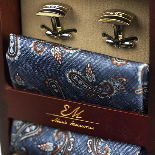 Zestaw Prezentowy dla mężczyzny w kolorze granatowym: krawat + poszetka + spinki zapakowane w pudełko EM 6  Em  EM Men's Accessories