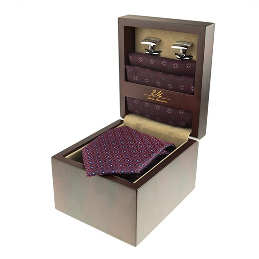 Zestaw Prezentowy dla mężczyzny w kolorze bordowym: krawat + poszetka + spinki zapakowane w pudełko EM 25  Em  EM Men's Accessories