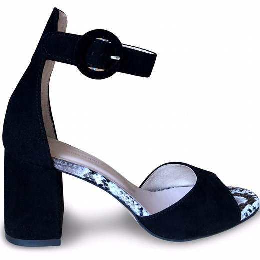 Czarne sandały damskie Calzado eleganckie w abstrakcyjnym wzorze na obcasie na średnim 