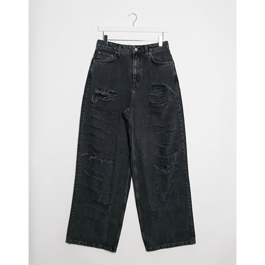 ASOS DESIGN – Czarne luźne dad jeans z podwyższonym stanem, dużymi rozdarciami i efektem sprania-Czarny