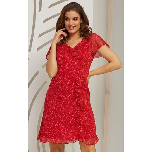 Sukienka Kaskada czerwona na co dzień z dekoltem w serek 