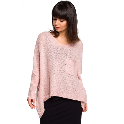 BK018 Luźny sweter z kieszenią - różowy ze sklepu Świat Bielizny w kategorii Swetry damskie - zdjęcie 85519074