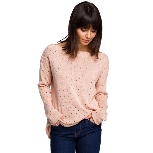 Różowy sweter damski Be Knit z bawełny z okrągłym dekoltem na lato 