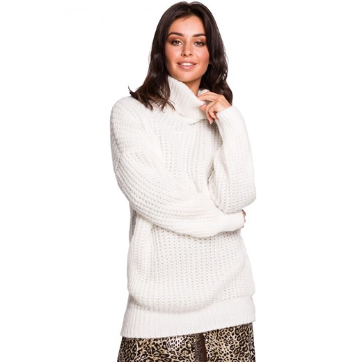 BK030 Długi sweter z golfem - biały ze sklepu Świat Bielizny w kategorii Swetry damskie - zdjęcie 85519281