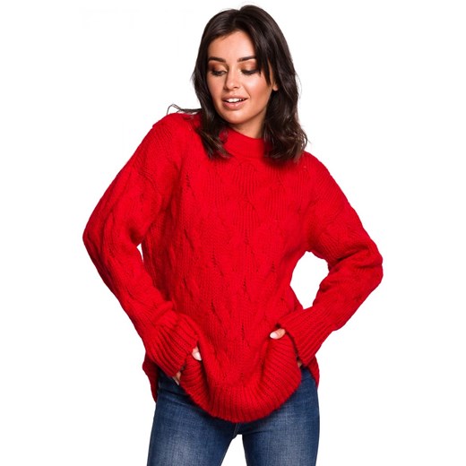 BK038 Sweter ze splotem typu warkocz - czerwony Be Knit L/XL Świat Bielizny
