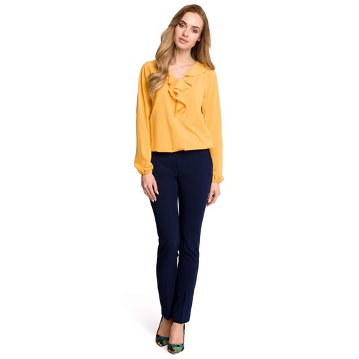 Żółta bluzka damska Style bez wzorów z żabotem 