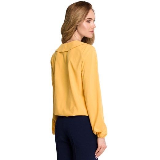 Bluzka damska Style z żabotem z długim rękawem żółta z elastanu 