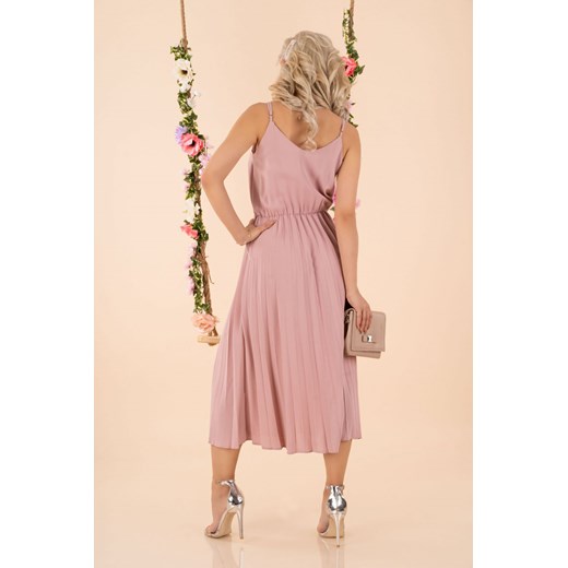 Merribel sukienka elegancka różowa trapezowa midi w serek na ramiączkach