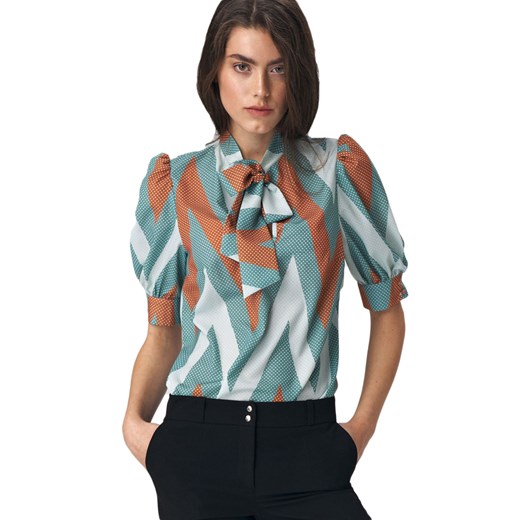 Turkusowa bluzka z wiązaniem na dekolcie wzór - B111 ze sklepu Świat Bielizny w kategorii Bluzki damskie - zdjęcie 85556910