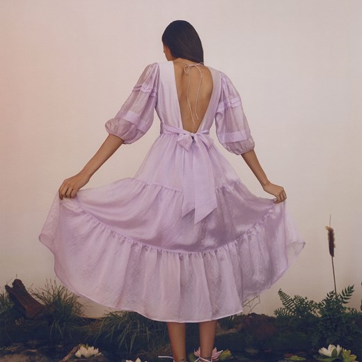 Sukienka fioletowa Reserved elegancka z długim rękawem bez wzorów 