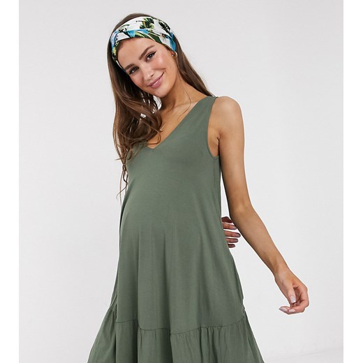 ASOS DESIGN Maternity – Sukienka mini w kolorze khaki z ukrytą kieszenią i warstwowym dołem-Zielony  Asos 38 Asos Poland
