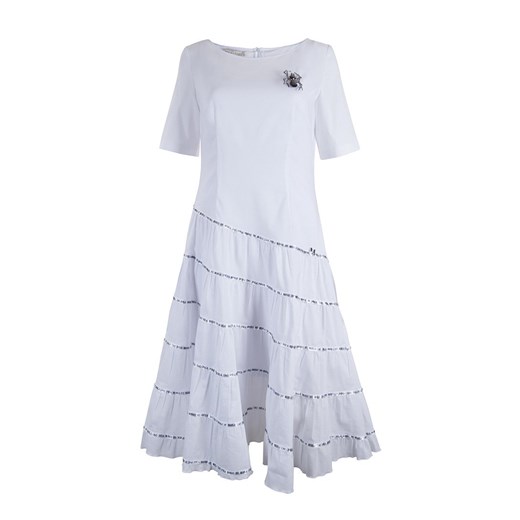 Sukienka Pola Mondi By Merla biała midi z okrągłym dekoltem z krótkim rękawem trapezowa na urodziny 