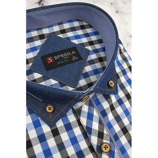 Koszula Męska Speed.A niebieska w kratę z dodatkami jeans z krótkim rękawem w kroju SLIM FIT N044 Speed.A  L swiat-koszul.pl