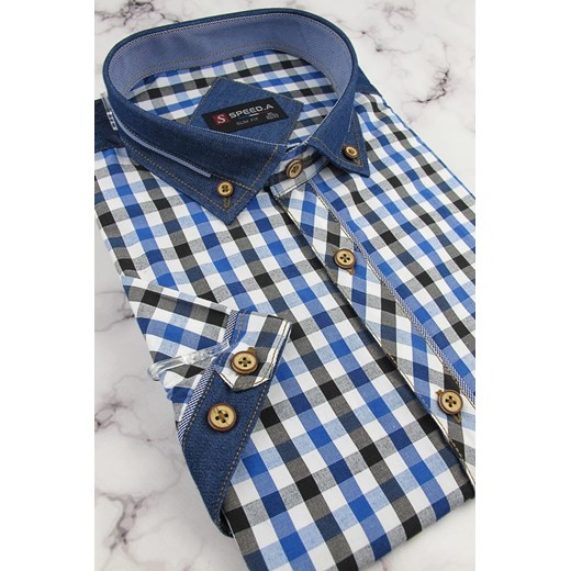 Koszula Męska Speed.A niebieska w kratę z dodatkami jeans z krótkim rękawem w kroju SLIM FIT N044  Speed.A XL swiat-koszul.pl
