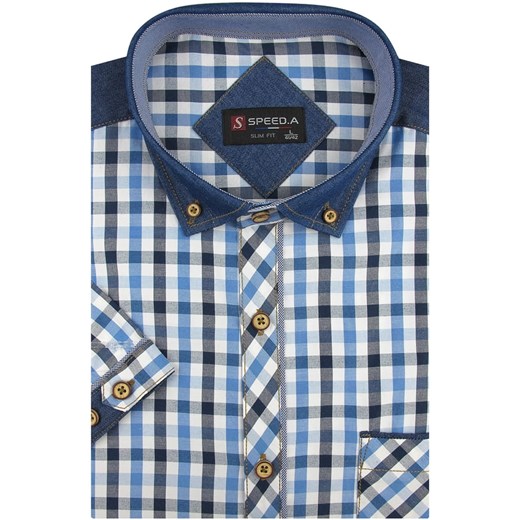 Koszula Męska Speed.A błękitna w kratę z dodatkami jeans z krótkim rękawem w kroju SLIM FIT N046 Speed.A  L swiat-koszul.pl