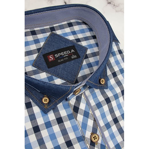 Koszula Męska Speed.A błękitna w kratę z dodatkami jeans z krótkim rękawem w kroju SLIM FIT N046  Speed.A XL swiat-koszul.pl