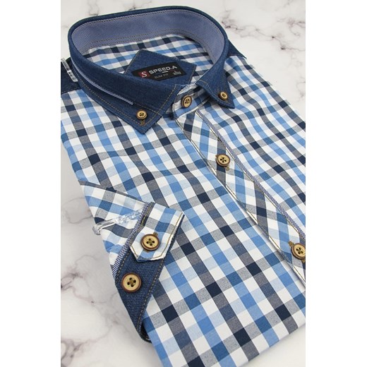 Koszula Męska Speed.A błękitna w kratę z dodatkami jeans z krótkim rękawem w kroju SLIM FIT N046 Speed.A  XL swiat-koszul.pl