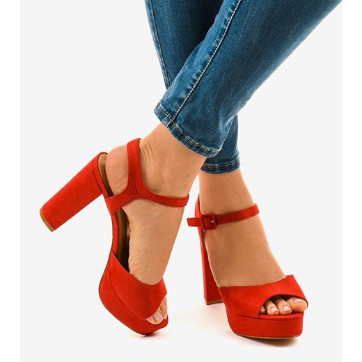 Sandały damskie czerwone na lato eleganckie na słupku na wysokim obcasie zamszowe 