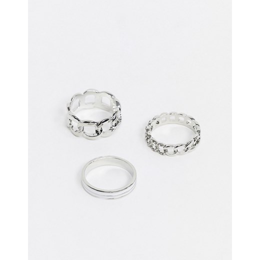 DesignB – Zestaw pierścionków w kolorze srebra z motywem łańcucha i kryształkami-Srebrny Designb London  S/M Asos Poland