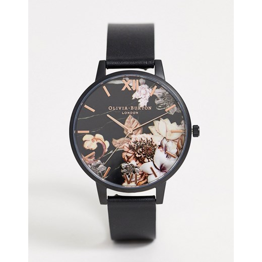 Olivia Burton – Shoreditch – Skórzany zegarek z ciemną tarczą w kwiaty-Czarny