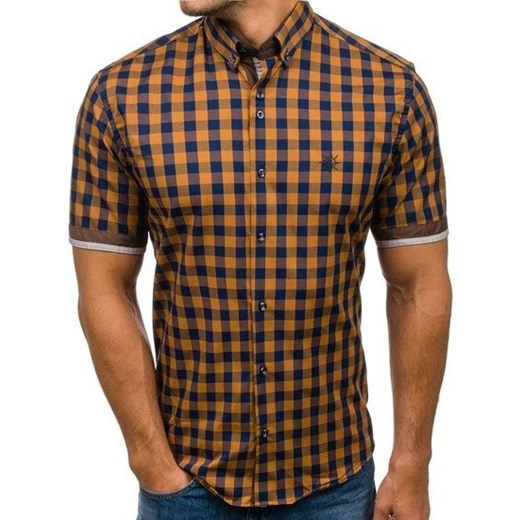 Koszula męska w kratę z krótkim rękawem brązowa Bolf 4508