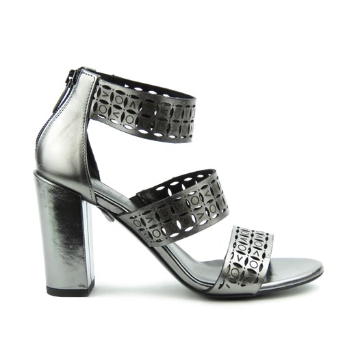 Conhpol Bis sandały damskie bez wzorów srebrne na wysokim obcasie eleganckie ze skóry 