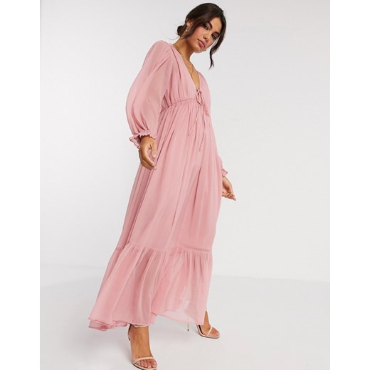 ASOS DESIGN – Plisowana sukienka maxi z troczkami w talii w kolorze przygaszonego różu-Różowy