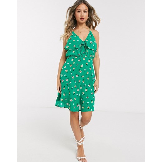 Gilli – Zielona sukienka mini z kwiatowym wzorem i przodem wykończonym falbanką-Zielony Gilli  M Asos Poland wyprzedaż 