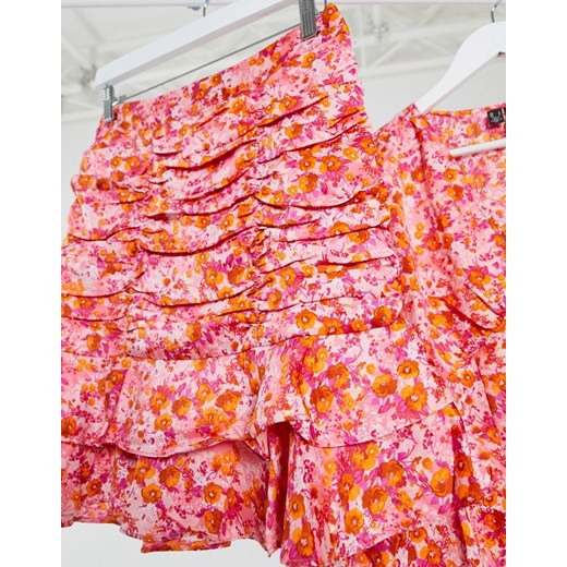 Vero Moda – Różowa marszczona spódnica mini z falbankami w kwiaty – część kompletu-Wielokolorowy  Vero Moda XS Asos Poland