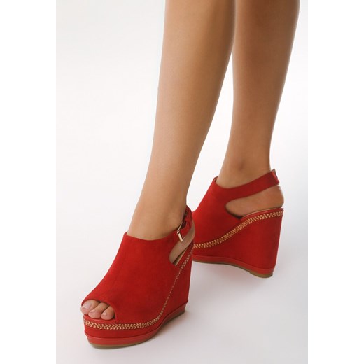Sandały damskie Born2be czerwone gładkie eleganckie na wysokim obcasie na lato 