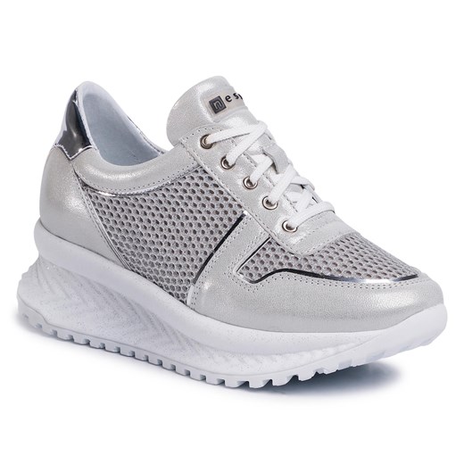 Buty sportowe damskie sneakersy młodzieżowe srebrne bez wzorów sznurowane 