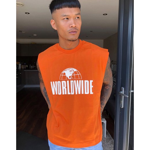 ASOS DESIGN – Pomarańczowy T-shirt oversize bez rękawów z nadrukiem