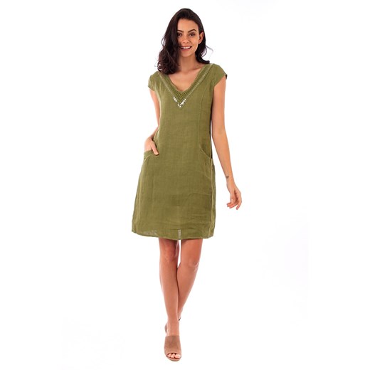 Sukienka Lin Passion zielona mini casual na ramiączkach z lnu 