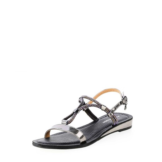 Czarne sandały ze srebnymi paskami na niskiej koturnie ALBAREDA  Primamoda 36 
