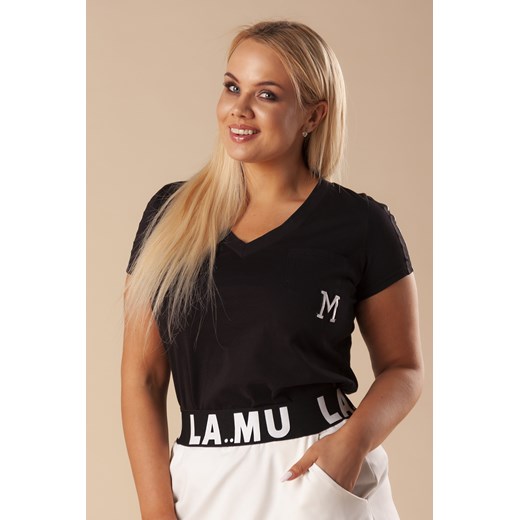 bawełniana bluzka z krótkim rękawem, dekoltem w serek i lampasami na ramionach Ptakmoda.com 38