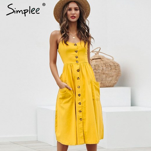 Simplee Elegant button women dress Pocket polka dots yellow cotton midi dress Summer casual female plus size lady beach vestidos  Simplee XL AliExpress