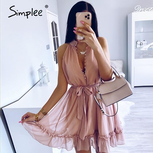 Simplee Sexy sleeveless women dress Solid ruffled sash buttons party summer dress Casual holiday ladies chiffon beach mini dress  Simplee S AliExpress