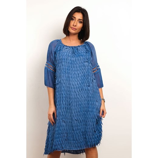 Niebieska sukienka Plus Size Fashion bawełniana casual z długim rękawem z okrągłym dekoltem 